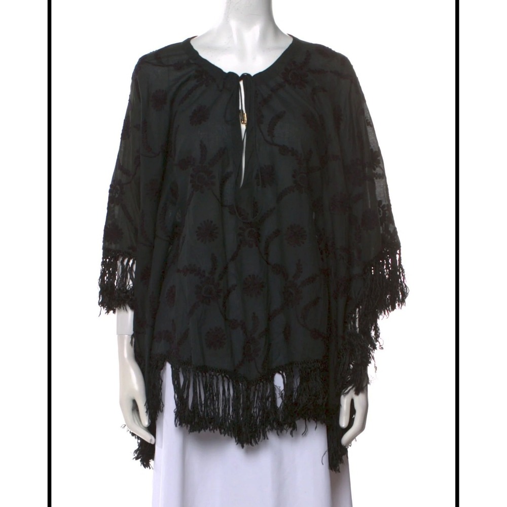 Melissa Odabash‎ Black Embroidered Tassel Fringe Kimono Swim Cover Up Vacation